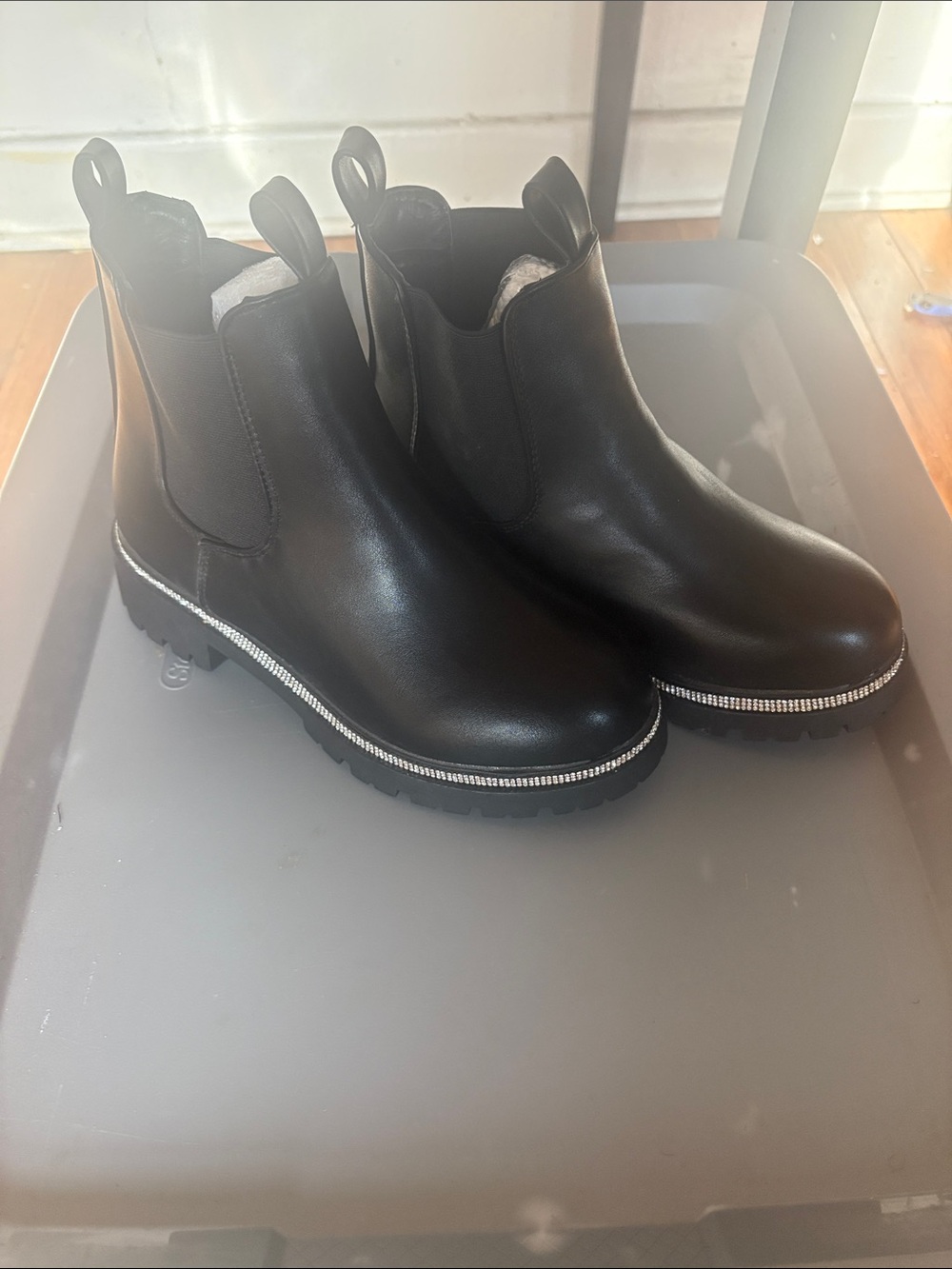 Black Chelsea Ankle Boots with Rhinestone Trim